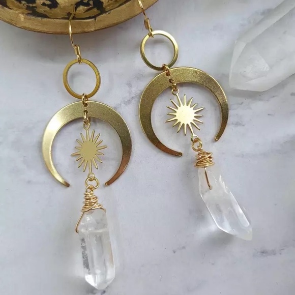Quartz Stone Crescent Moon and Sun Drop Gold Earrings - Picture 1 of 5